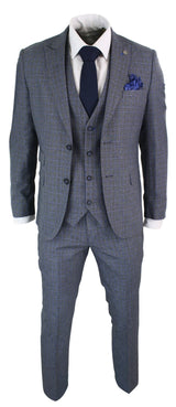 Paul Andrew Henry - Mens 3 Piece Tailored Fit Prince Of Wales Check Grey Blue Tweed Suit Vintage Retro