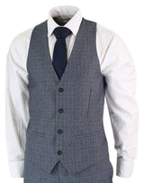 Paul Andrew Henry - Mens 3 Piece Tailored Fit Prince Of Wales Check Grey Blue Tweed Suit Vintage Retro