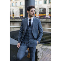Paul Andrew Henry - Abito da uomo in tweed grigio blu a quadri Principe di Galles, 3 pezzi, stile vintage retrò
