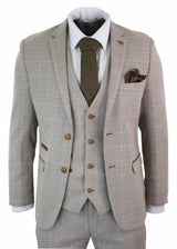 Paul Andrew Holland - Mens Check Tweed Beige Brown 3 Piece Suit Wedding Prom Vintage Retro Classic