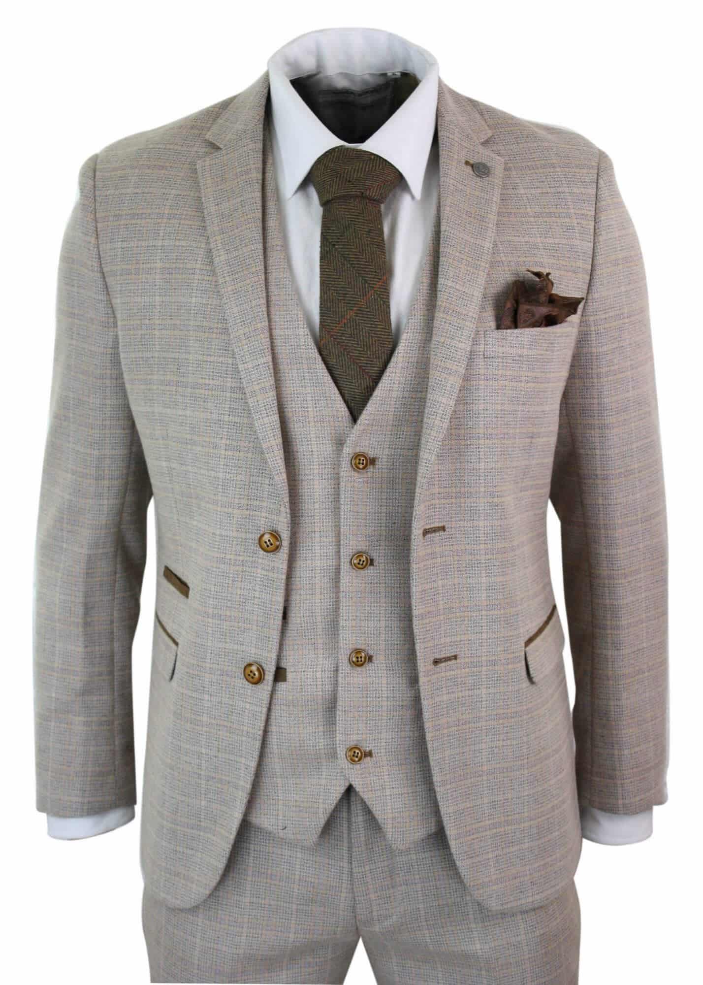 Paul Andrew Holland - Mens Check Tweed Beige Brown 3 Piece Suit Wedding Prom Vintage Retro Classic