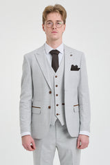 Abito da uomo Mark Grey Stone in tweed a quadri, 3 pezzi, con finiture marroni, per matrimoni e balli di fine anno