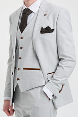 Abito da uomo Mark Grey Stone in tweed a quadri, 3 pezzi, con finiture marroni, per matrimoni e balli di fine anno