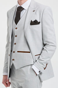 Abito da uomo Mark Grey Stone in tweed a quadri, 3 pezzi, con finiture marroni, per matrimoni e balli di fine anno