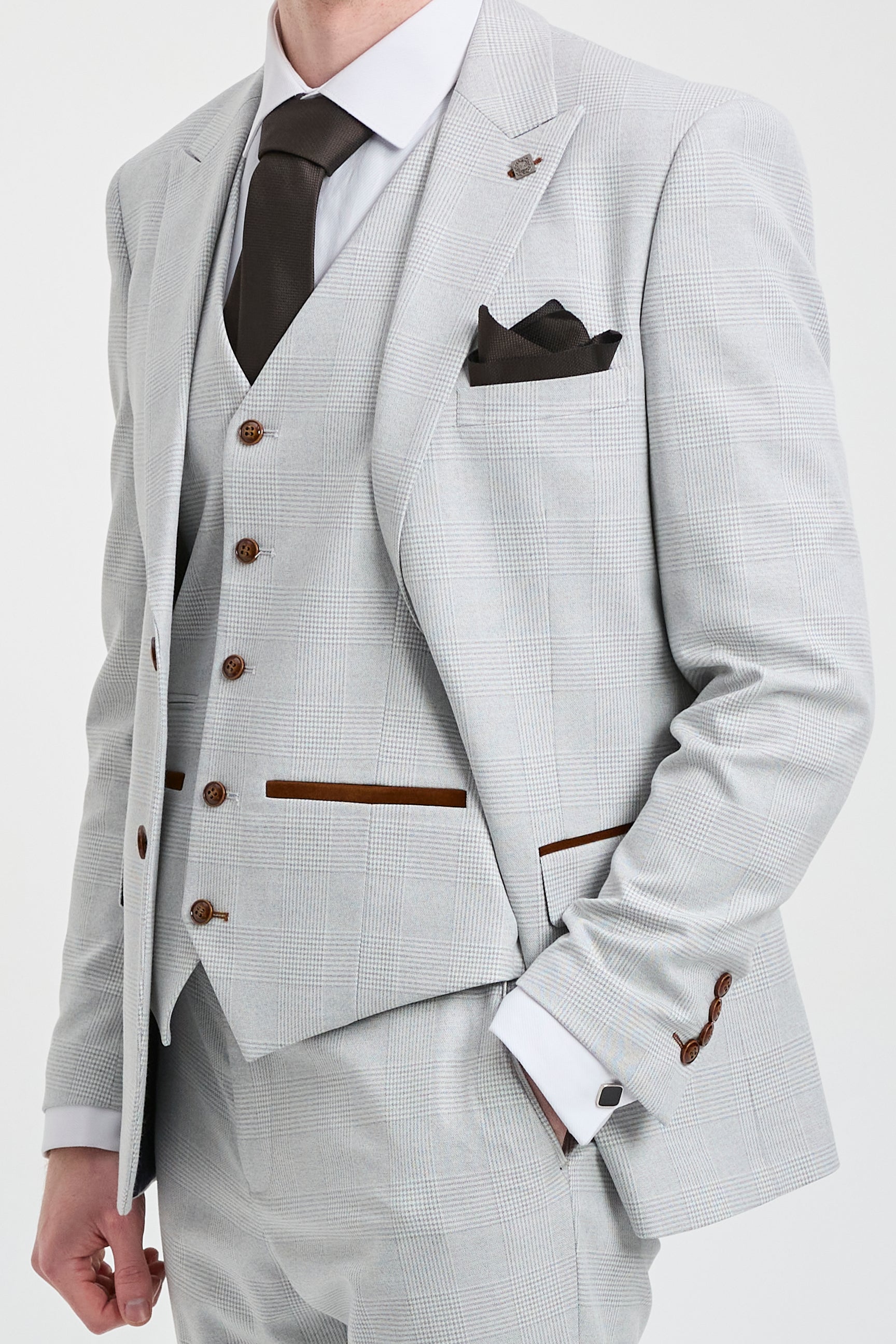 Abito da uomo Mark Grey Stone in tweed a quadri, 3 pezzi, con finiture marroni, per matrimoni e balli di fine anno