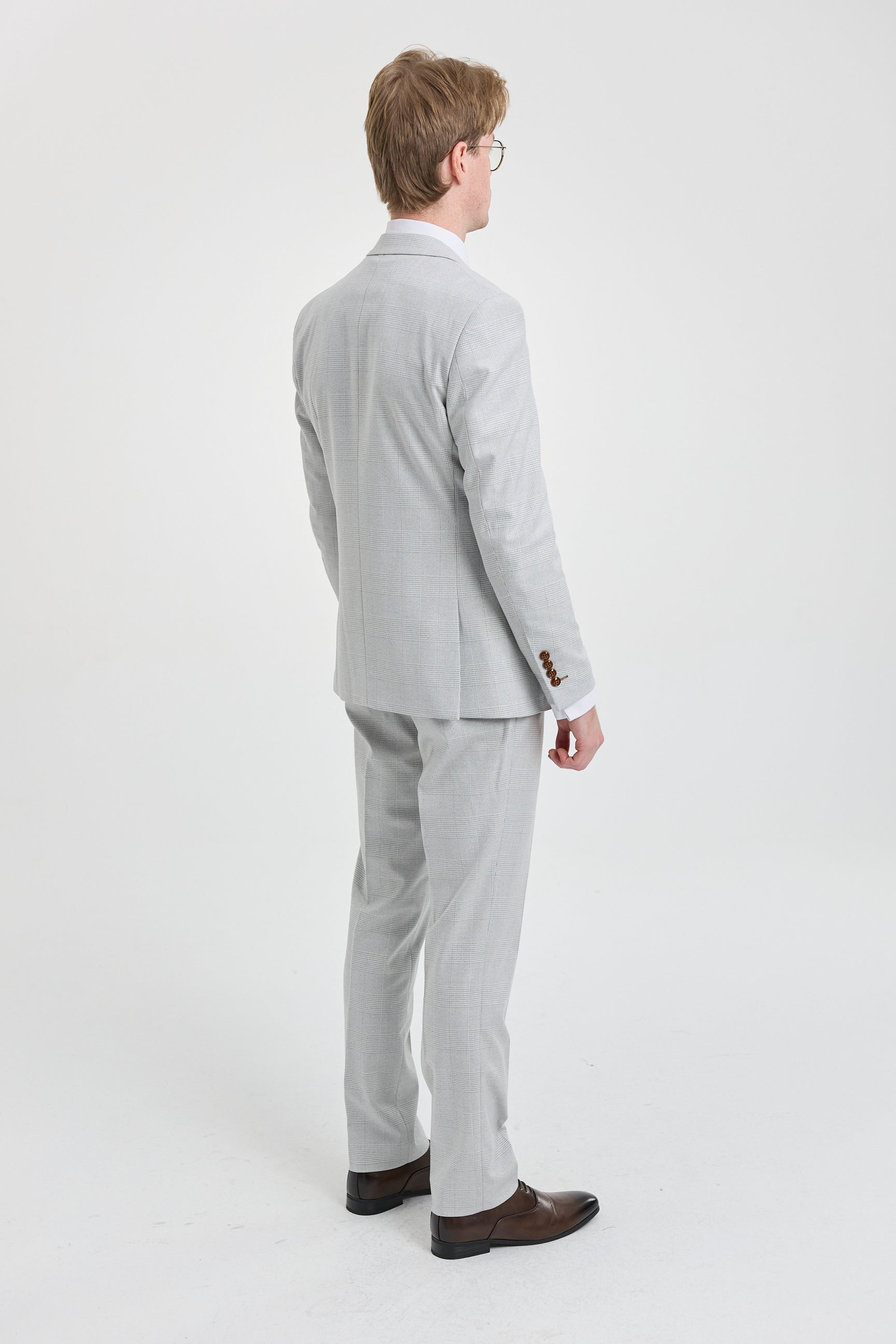 Abito da uomo Mark Grey Stone in tweed a quadri, 3 pezzi, con finiture marroni, per matrimoni e balli di fine anno