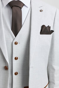 Abito da uomo Mark Grey Stone in tweed a quadri, 3 pezzi, con finiture marroni, per matrimoni e balli di fine anno