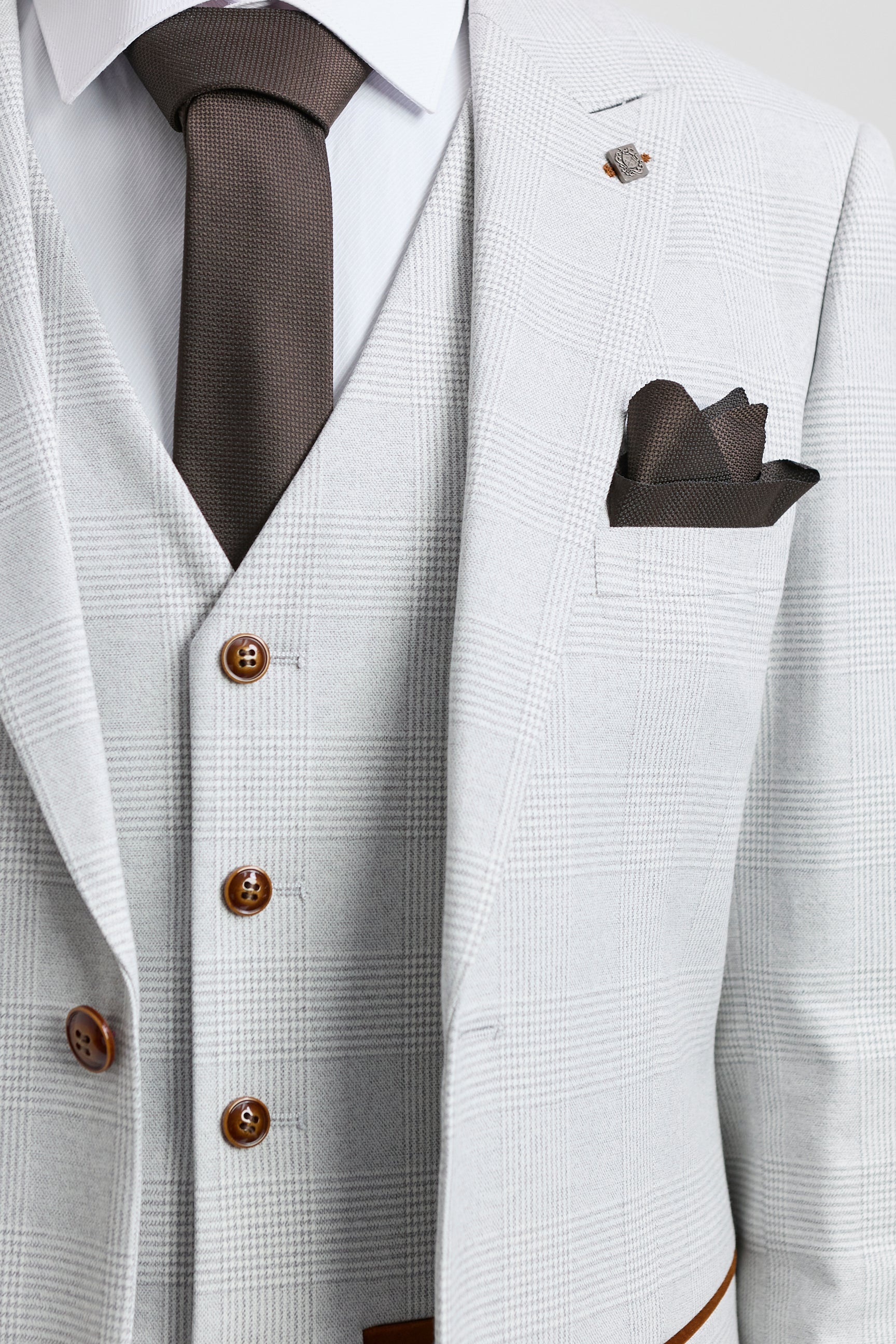 Abito da uomo Mark Grey Stone in tweed a quadri, 3 pezzi, con finiture marroni, per matrimoni e balli di fine anno