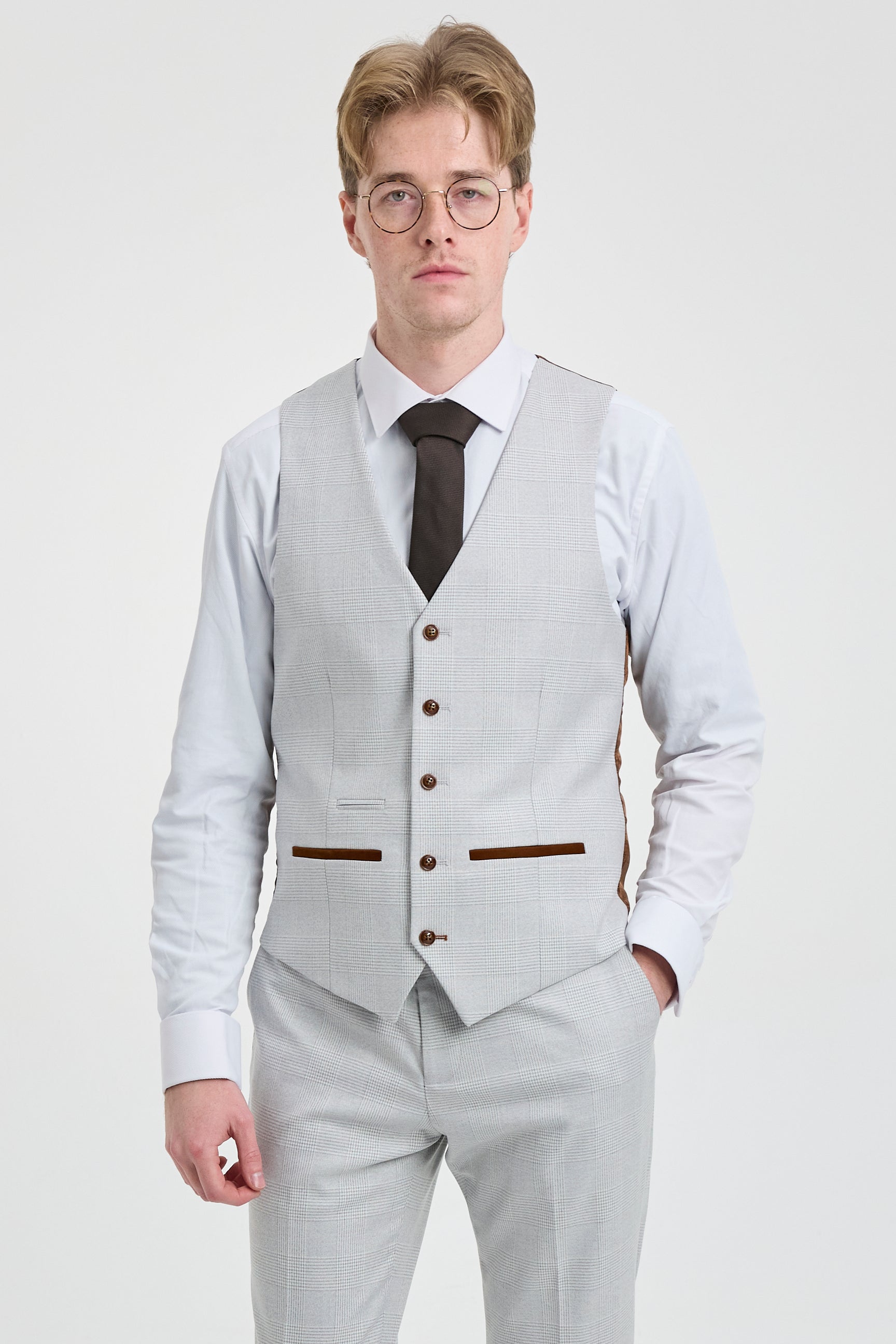 Abito da uomo Mark Grey Stone in tweed a quadri, 3 pezzi, con finiture marroni, per matrimoni e balli di fine anno