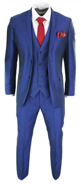 Mens 3 Piece Shiny Blue Wedding Prom Party Suit Tailored Fit Smart Formal