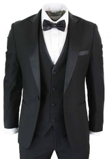 Paul Andrew Regent Black - Mens 3 Piece Black Classic Satin Tuxedo Dinner Suit Tailored Fit Wedding Prom