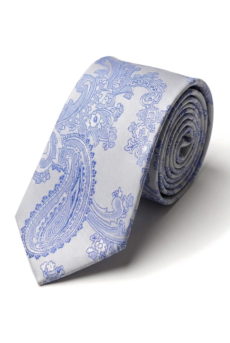 Set regalo cravatta blu con motivo Paisley, fazzoletto da taschino, gemelli in raso floreale