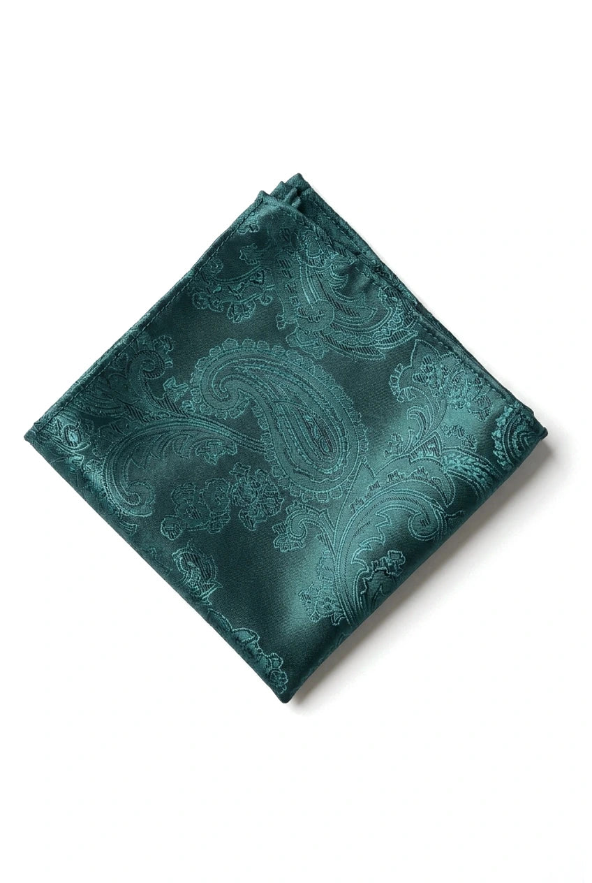 Set regalo cravatta verde con motivo Paisley, fazzoletto da taschino, gemelli in raso floreale