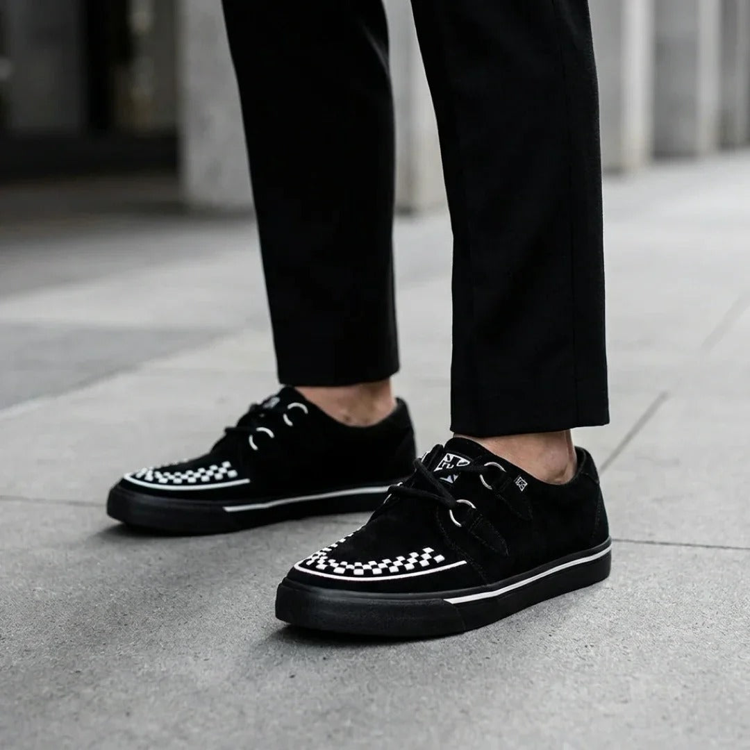 Scarpe da ginnastica a punta Creeper, scarpe con plateau in camoscio bianco e nero