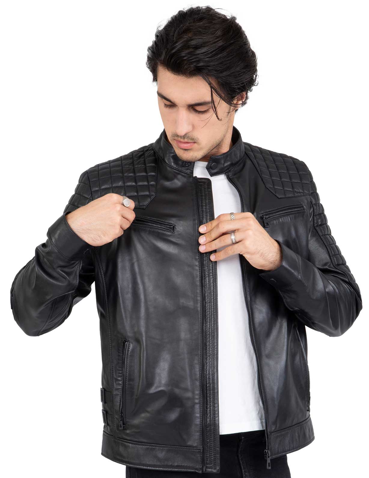 Real Lamb Leather Motorcycle Black Tailored Fit Jacket for Men Beckham - B205