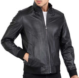 Real Lamb Leather Black Bomber Jacket for Men Regular Fit - B210