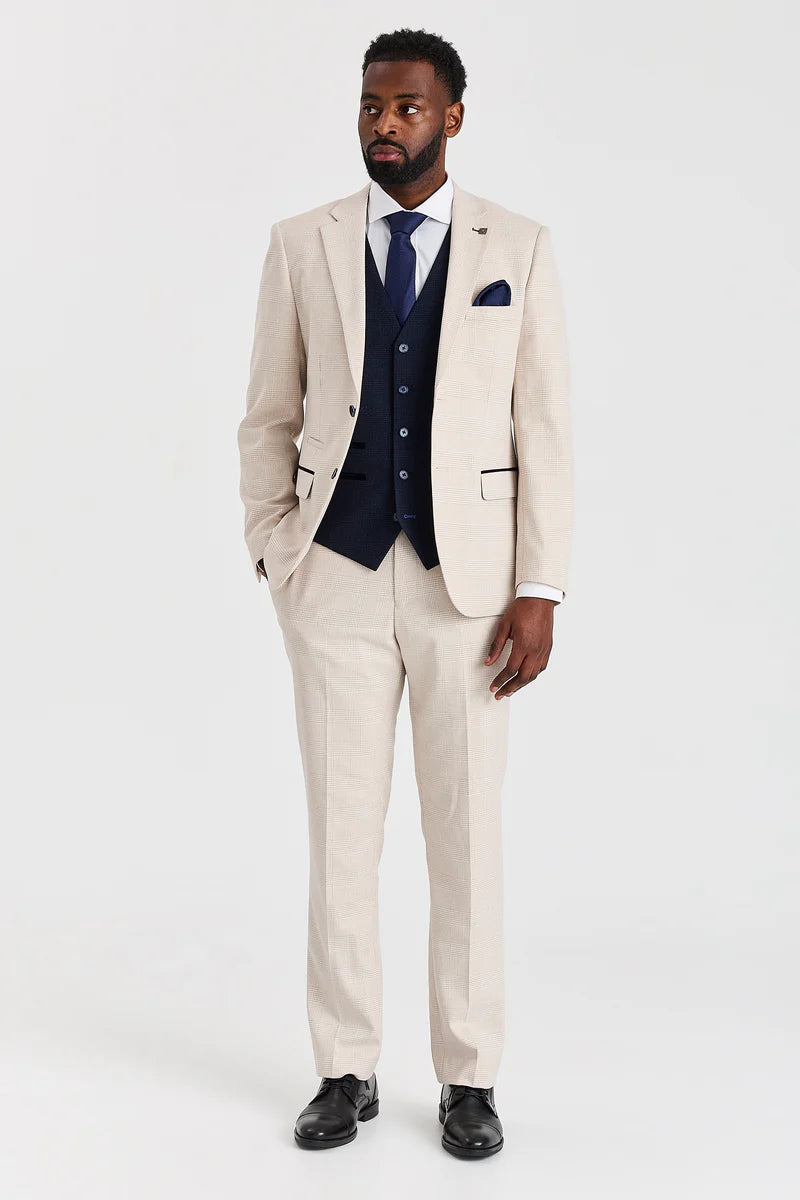Abito a quadri color crema Regent con gilet a contrasto blu navy Regent.