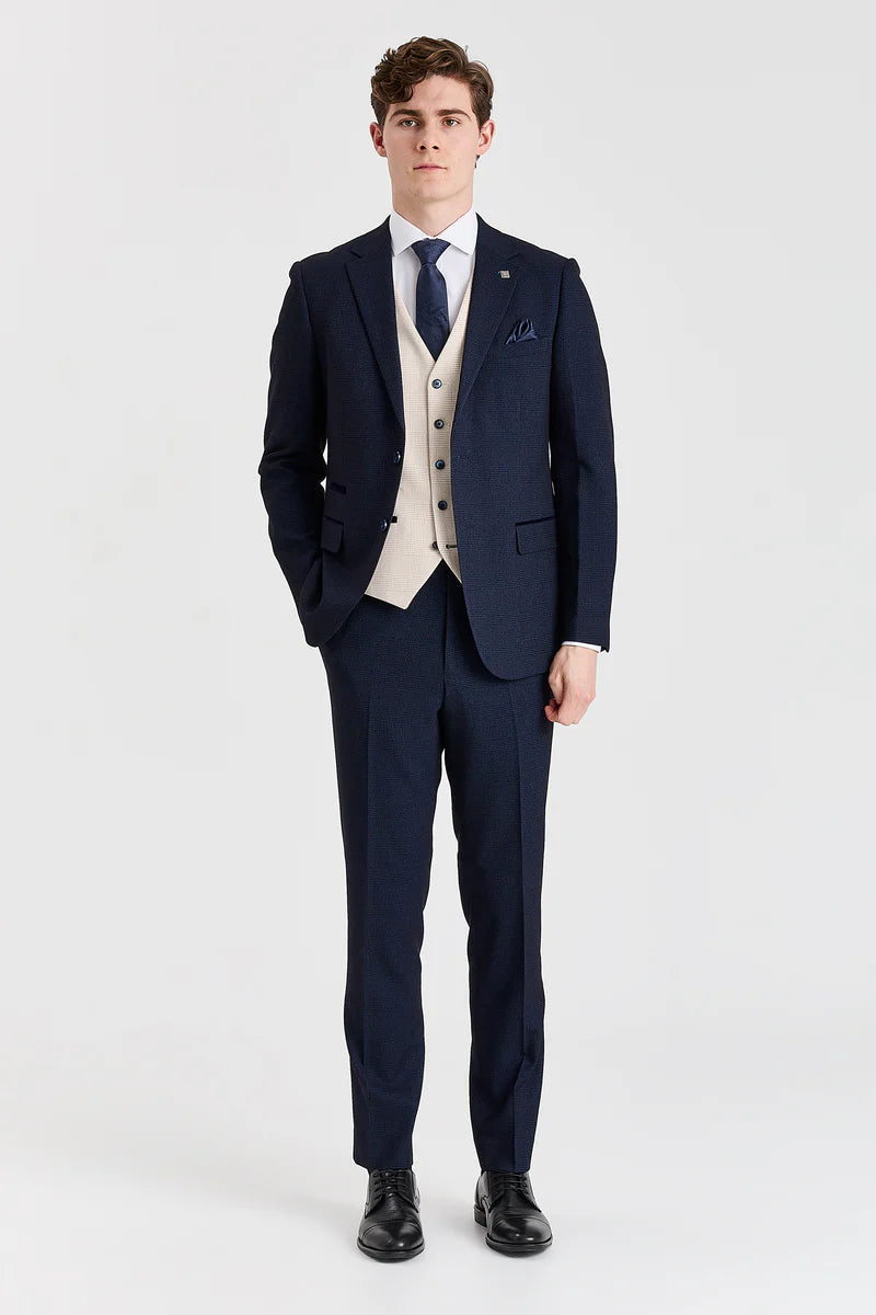 Abito a quadri blu navy Regent con gilet color crema Regent a contrasto