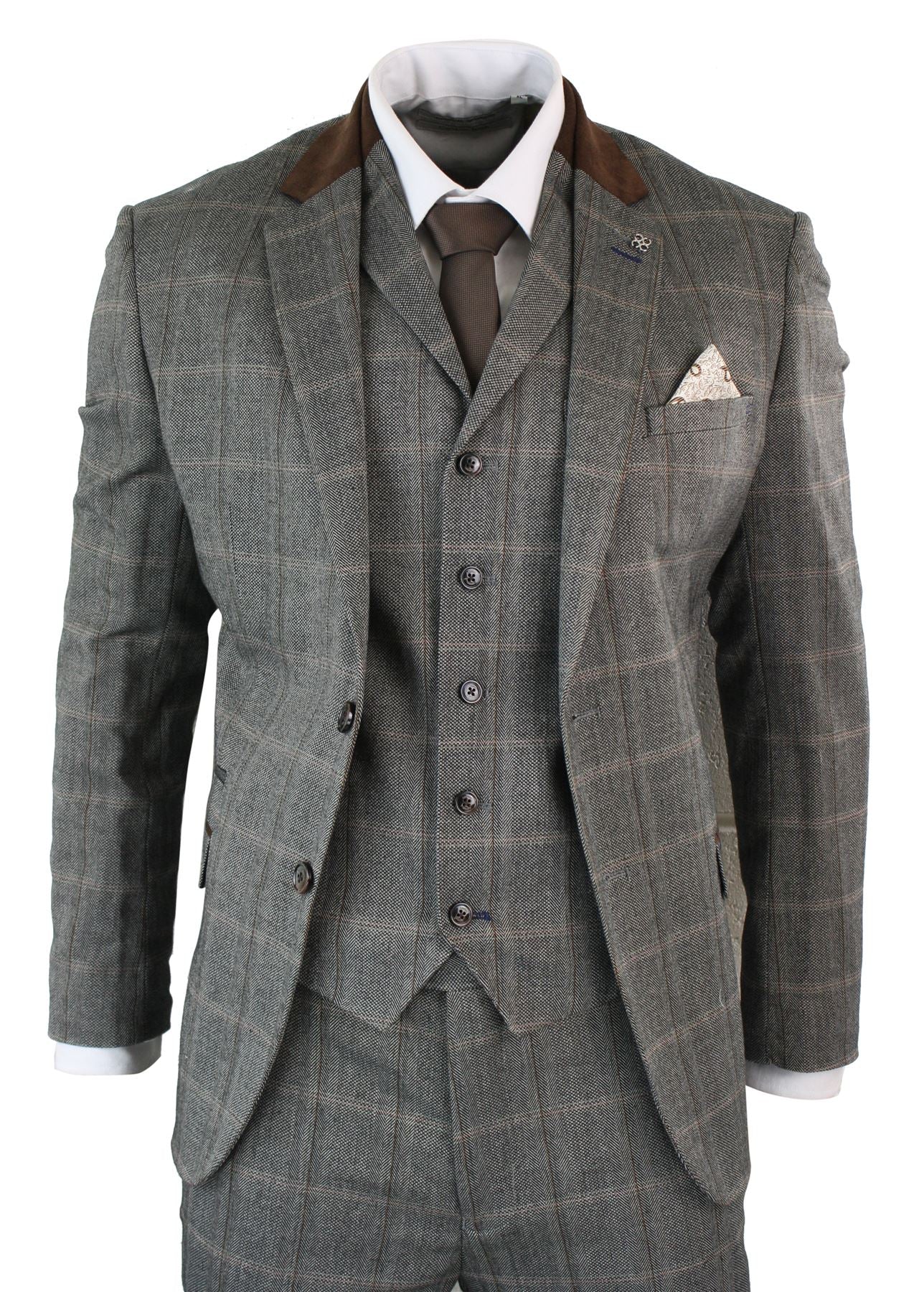 Mens Check Tweed 3 Piece Blue Navy Suit Vintage Retro Tailored Fit Prince Of Wales