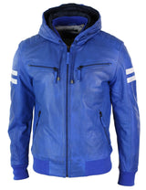 Men's Realy Leather Bomber Jacket with Hood-Blue
