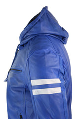 Men's Realy Leather Bomber Jacket with Hood-Blue