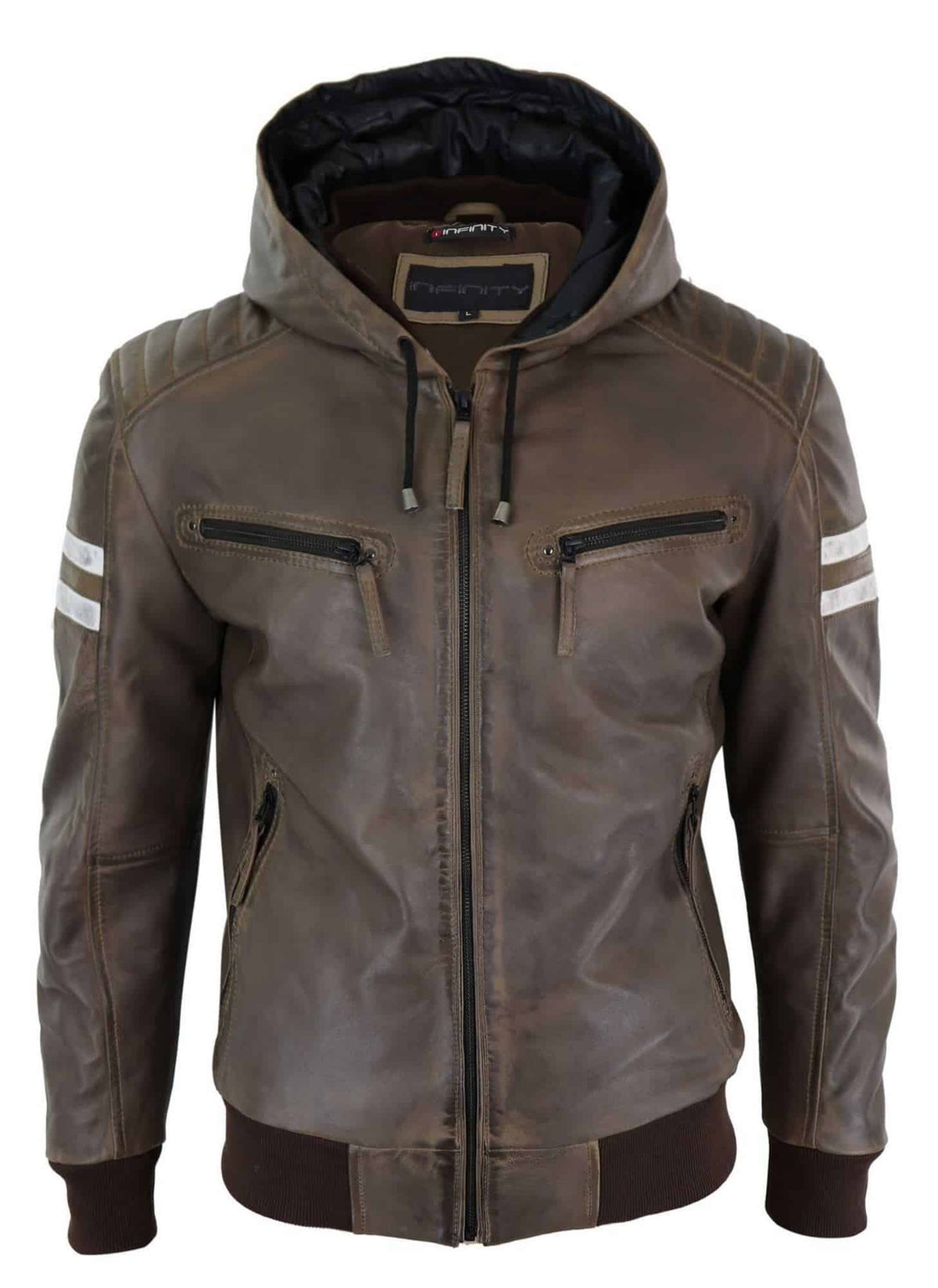 Men's Real Leather Bomber Jacket with Hood-Brown