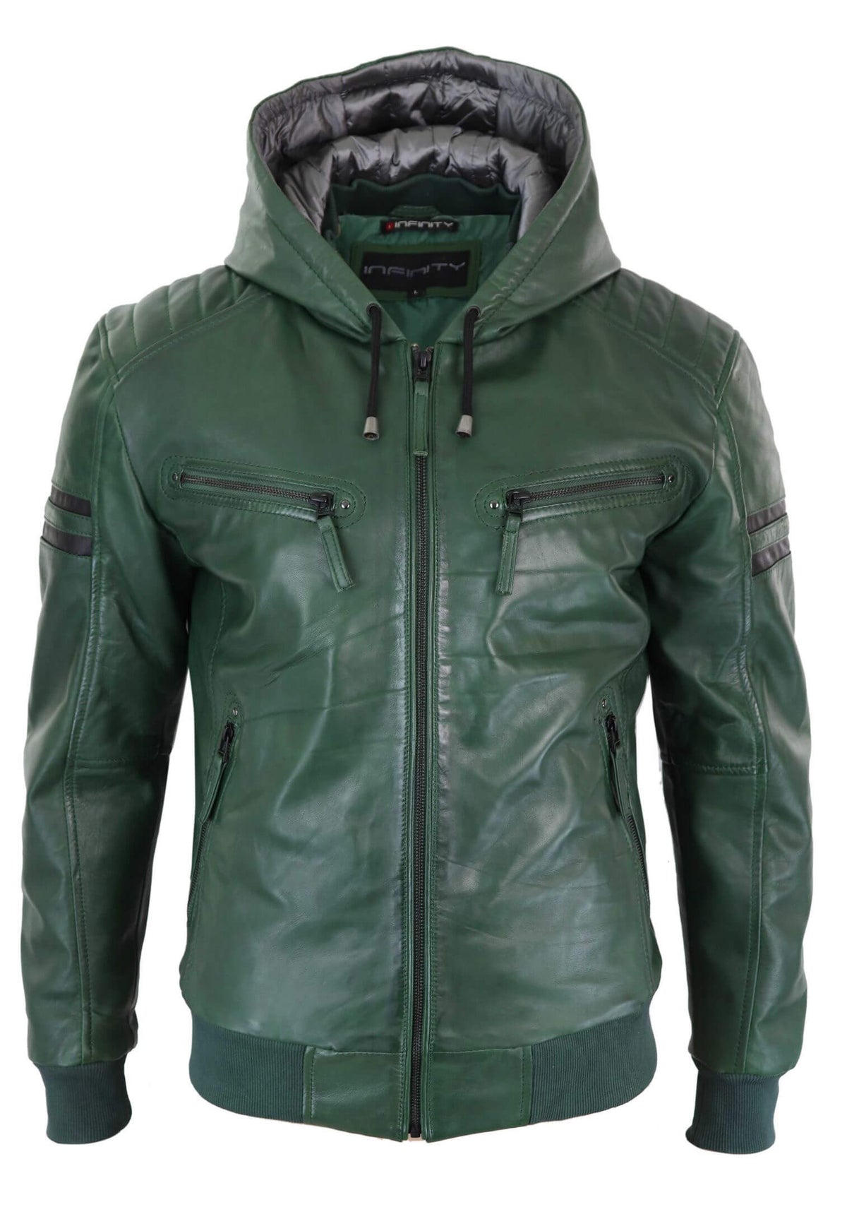 Men's Real Leather Bomber Jacket with Hood-Green