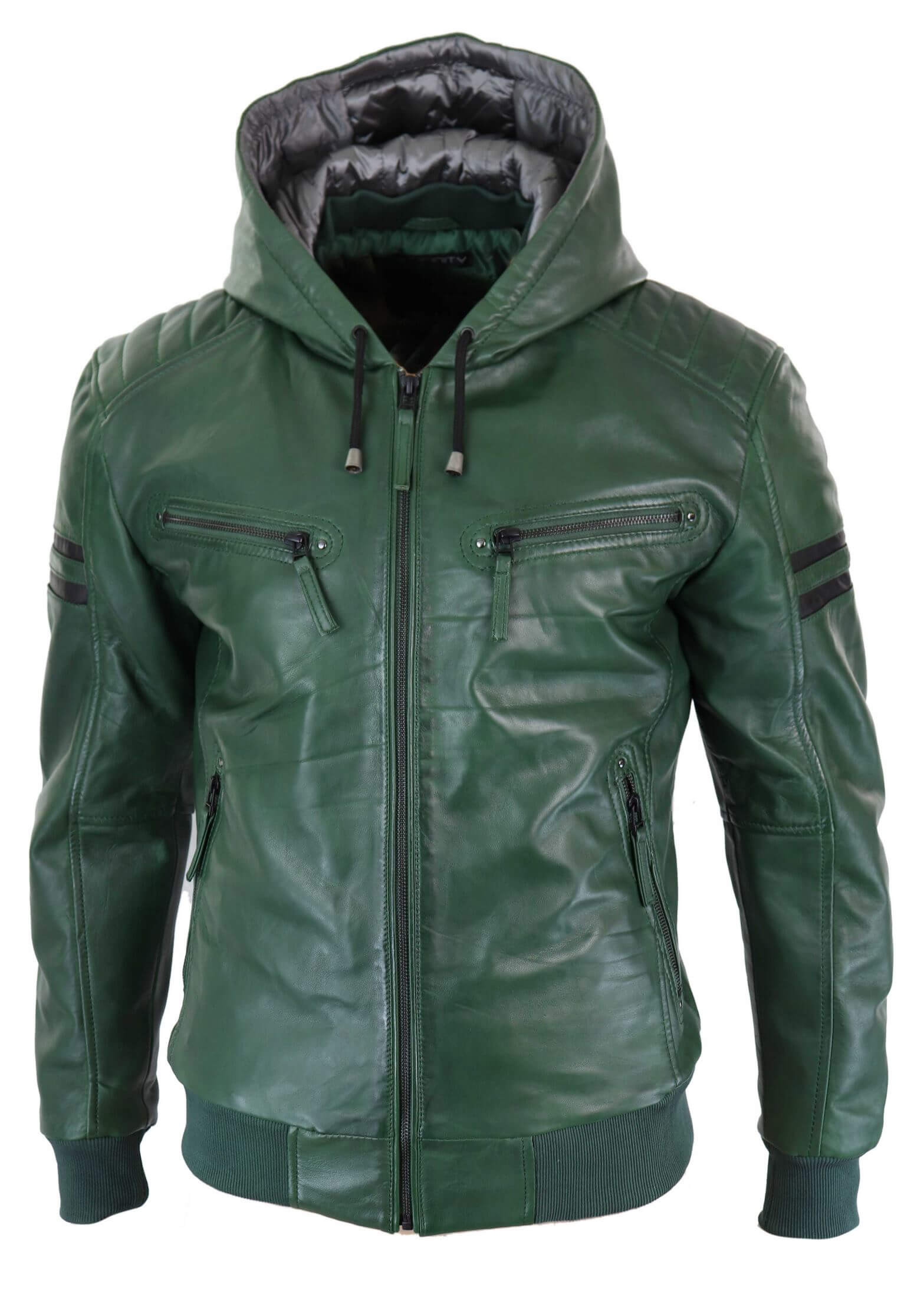 Men's Real Leather Bomber Jacket with Hood-Green
