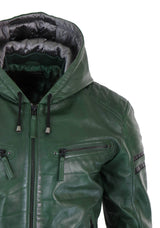 Men's Real Leather Bomber Jacket with Hood-Green