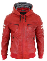 Men's Real Leather Bomber Jacket with Hood-Red