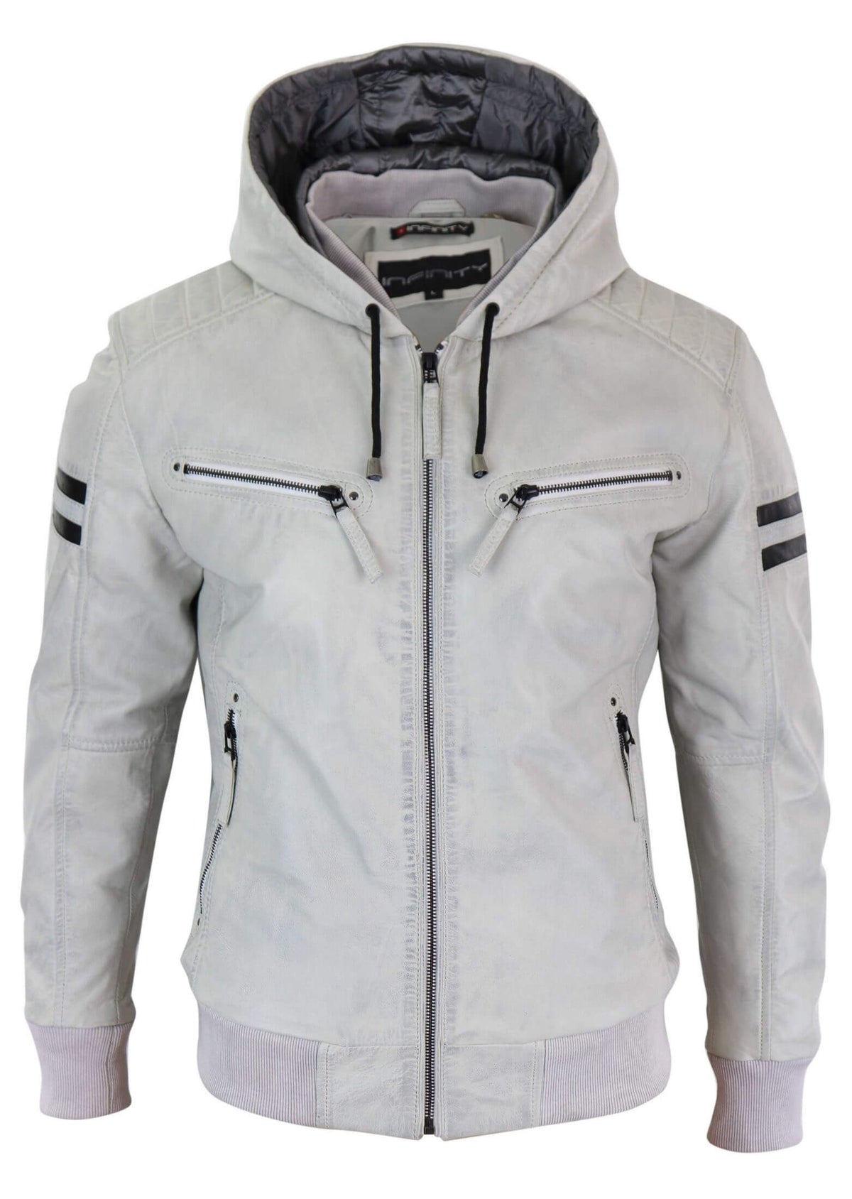 Men's Real Leather Bomber Jacket with Hood-White