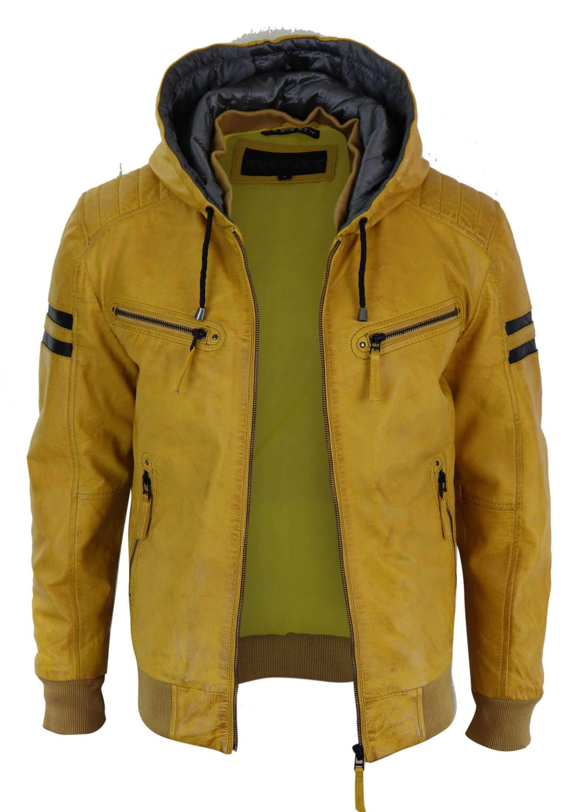 Men's Real Leather Bomber Jacket with Hood-Yellow