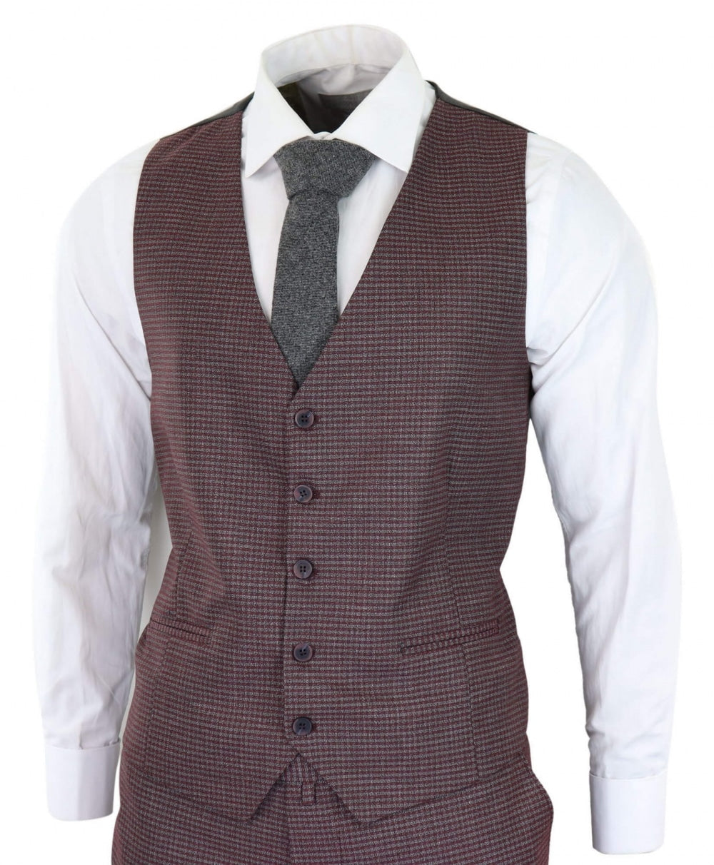 Burgundy-Grey Sheppard's Check 3 Piece Suit - RK20-10