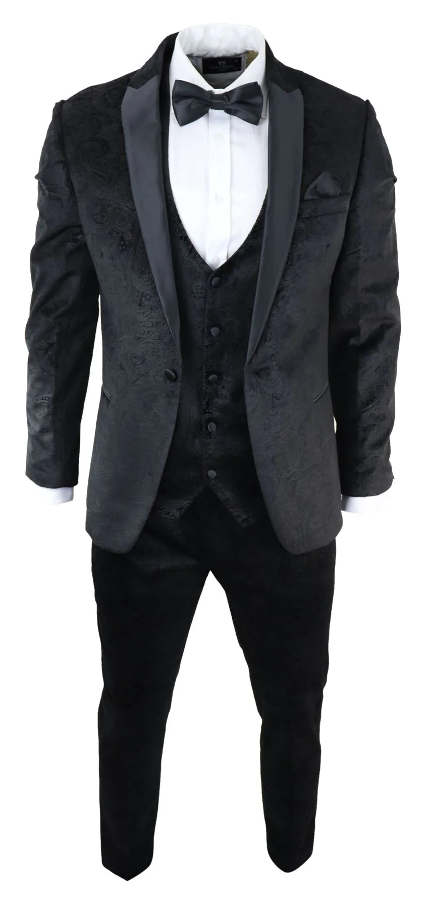 Mens Marc Darcy Velvet Paisley Black Fit 3 Piece Suit Tuxedo Dinner Jacket Wedding