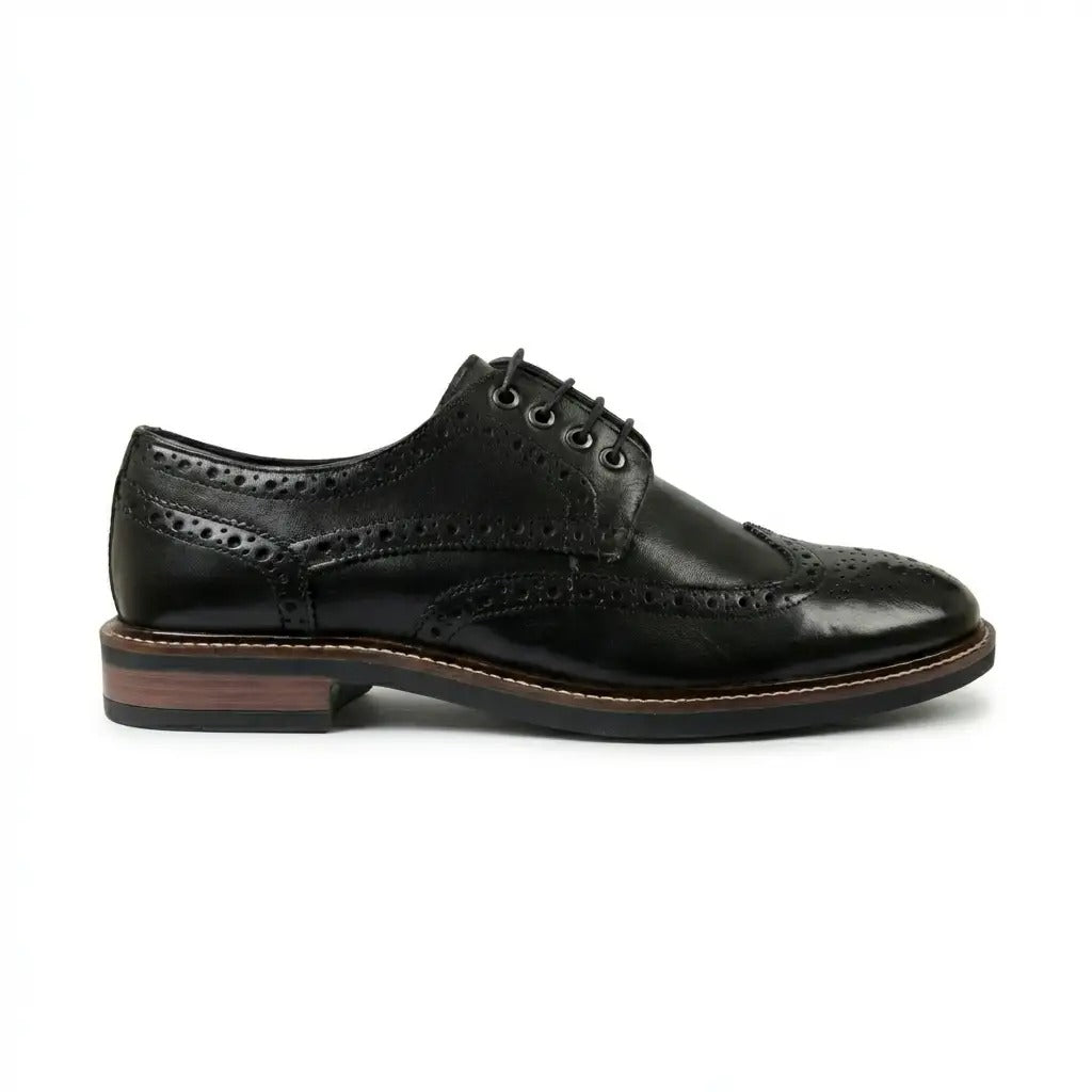 Stokes - Scarpe stringate brogue da uomo in pelle nera con punta a coda di rondine