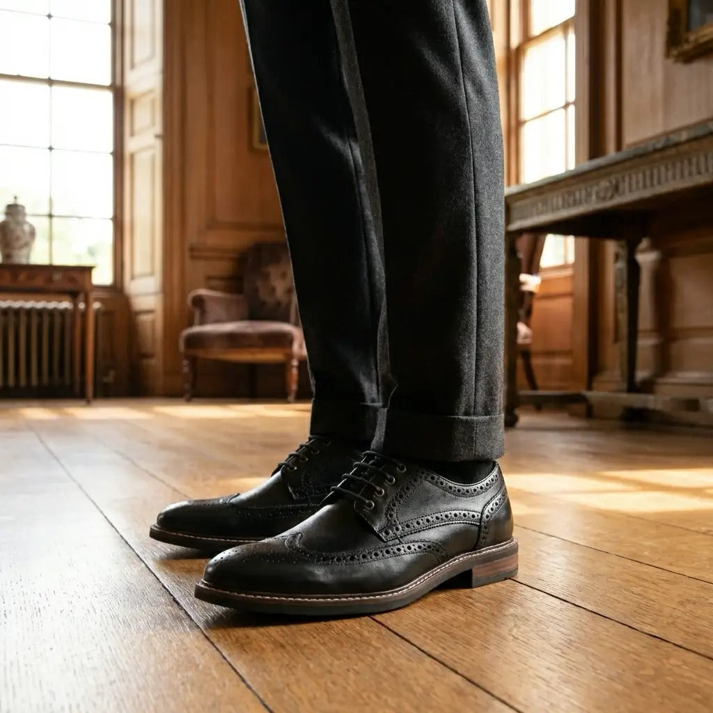 Stokes - Scarpe stringate brogue da uomo in pelle nera con punta a coda di rondine