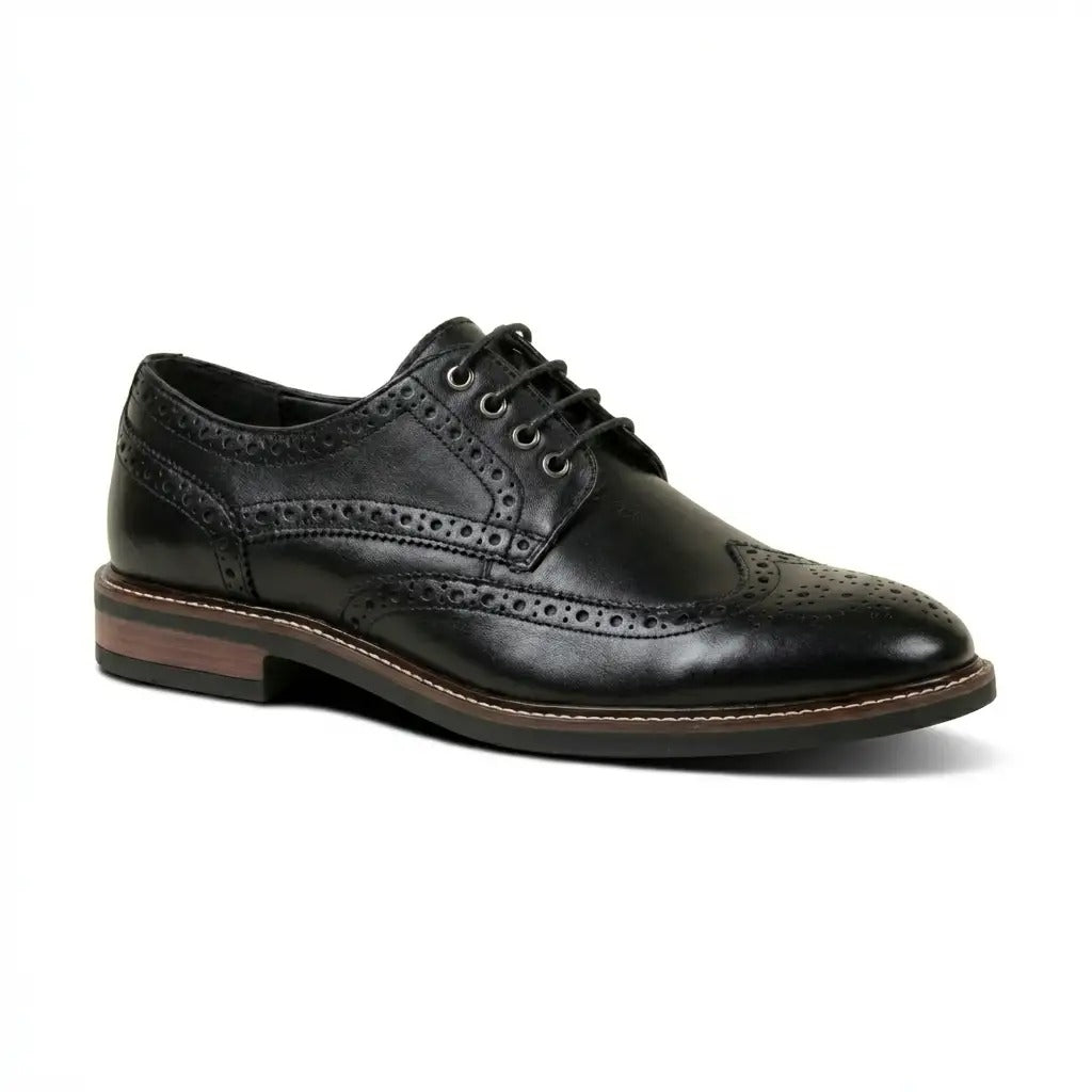 Stokes - Scarpe stringate brogue da uomo in pelle nera con punta a coda di rondine
