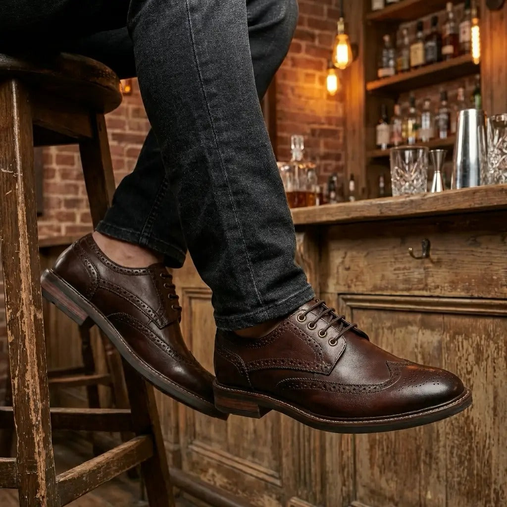 Stokes - Scarpe stringate brogue da uomo in pelle marrone con punta a coda di rondine