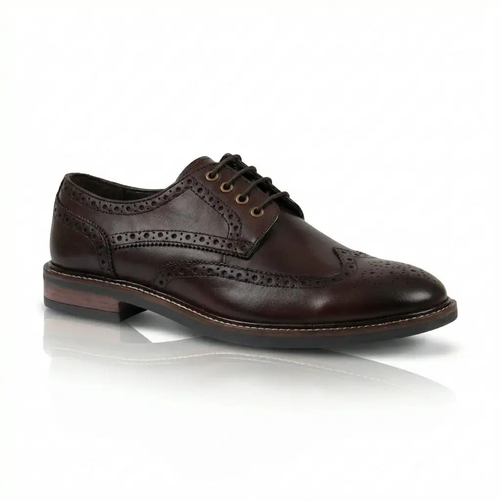 Stokes - Scarpe stringate brogue da uomo in pelle marrone con punta a coda di rondine