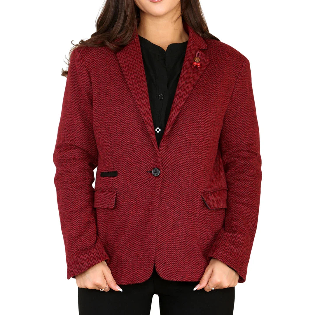 Giacca blazer da donna in tweed a spina di pesce, rosso vino, classica, anni '20
