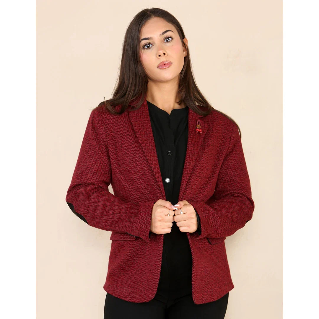 Giacca blazer da donna in tweed a spina di pesce, rosso vino, classica, anni '20