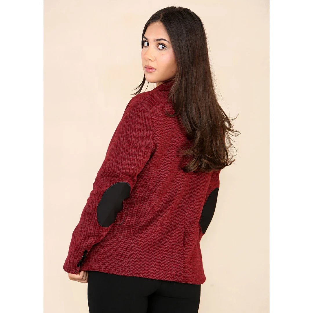 Giacca blazer da donna in tweed a spina di pesce, rosso vino, classica, anni '20