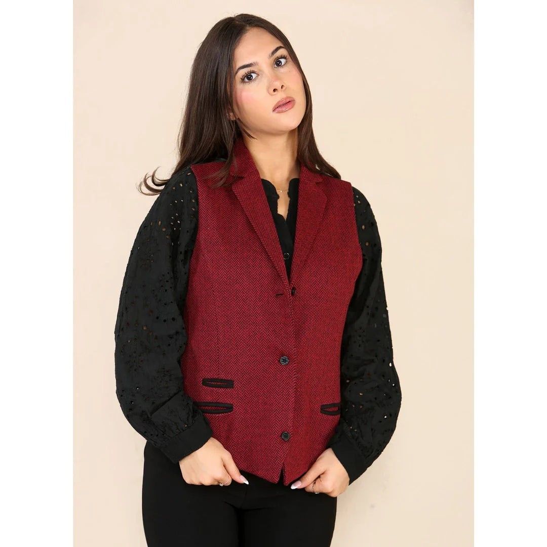 Gilet da donna in tweed a spina di pesce, rosso vino, classico anni '20