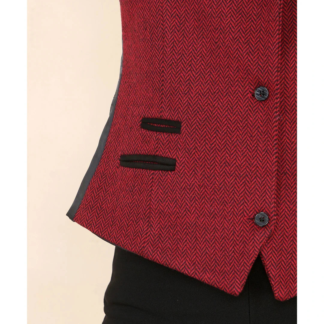 Gilet da donna in tweed a spina di pesce, rosso vino, classico anni '20