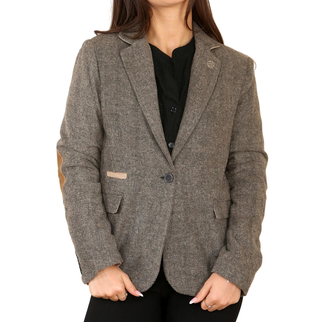 Blazer classico da donna in tweed a spina di pesce color marrone quercia