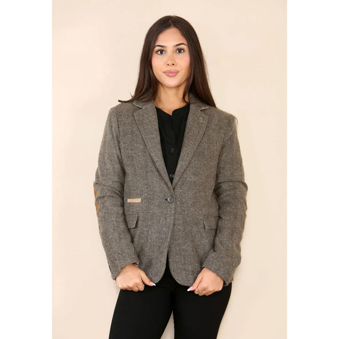 Blazer classico da donna in tweed a spina di pesce color marrone quercia