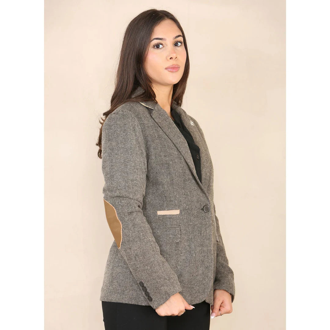 Blazer classico da donna in tweed a spina di pesce color marrone quercia