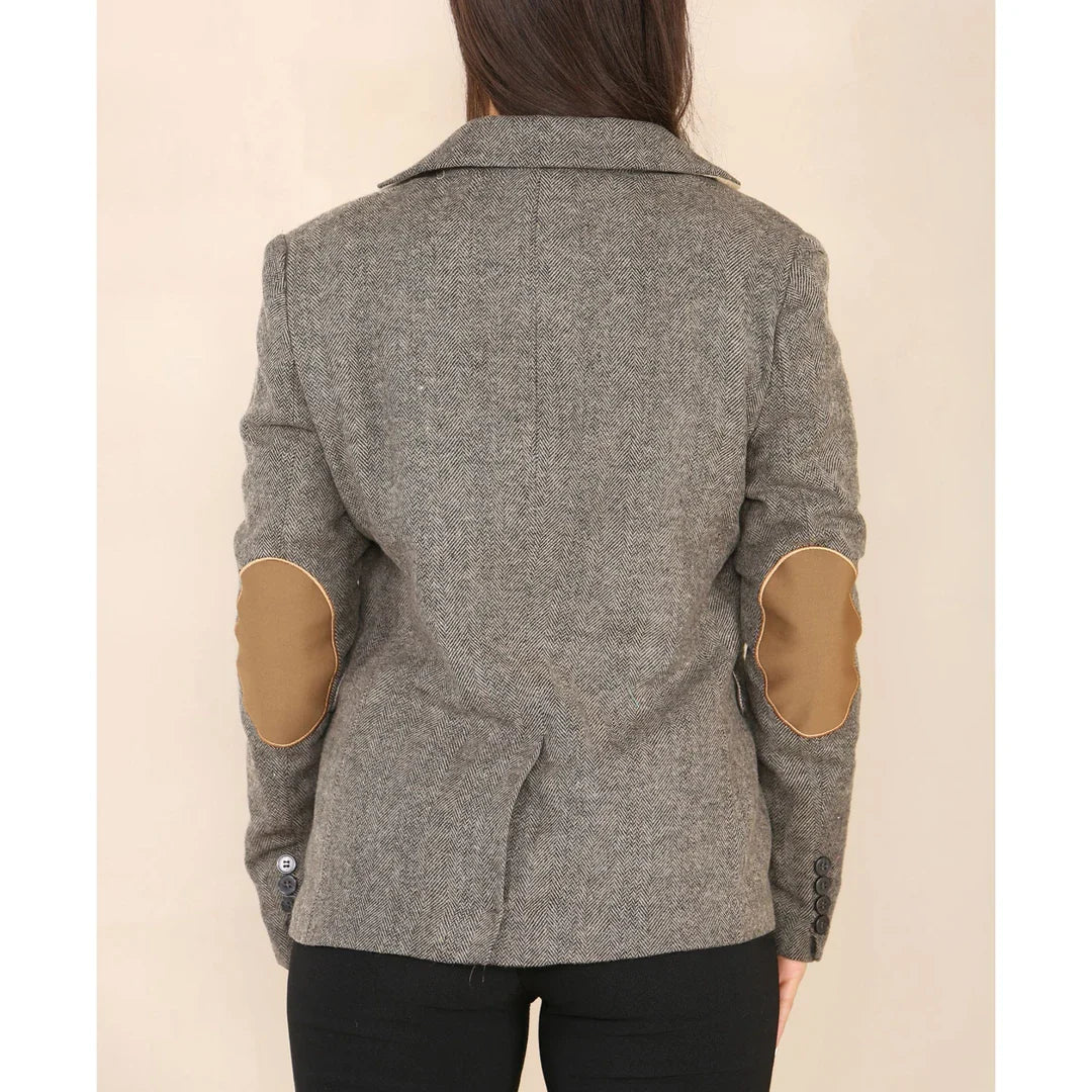 Blazer classico da donna in tweed a spina di pesce color marrone quercia