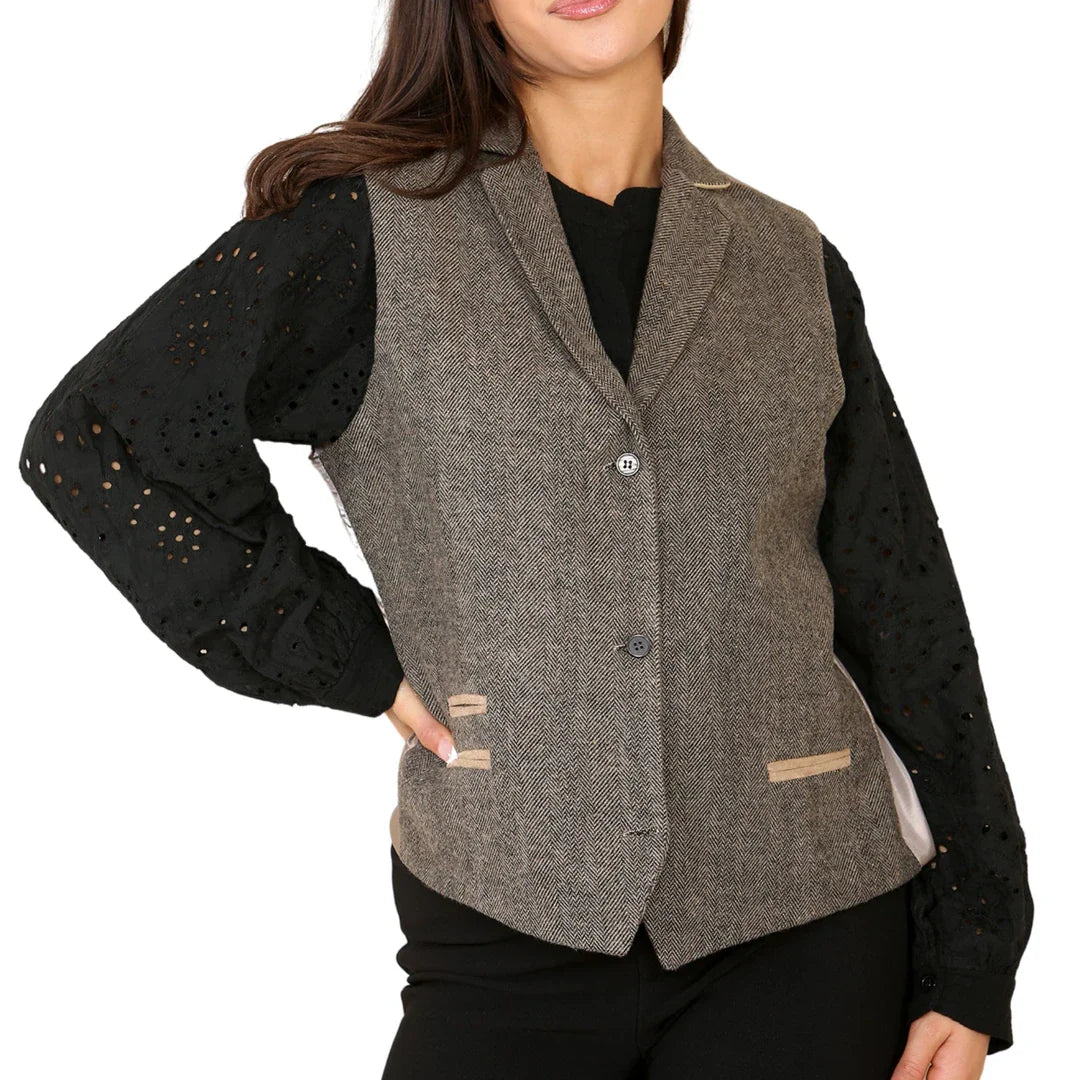 Gilet da donna in tweed a spina di pesce, marrone quercia classico