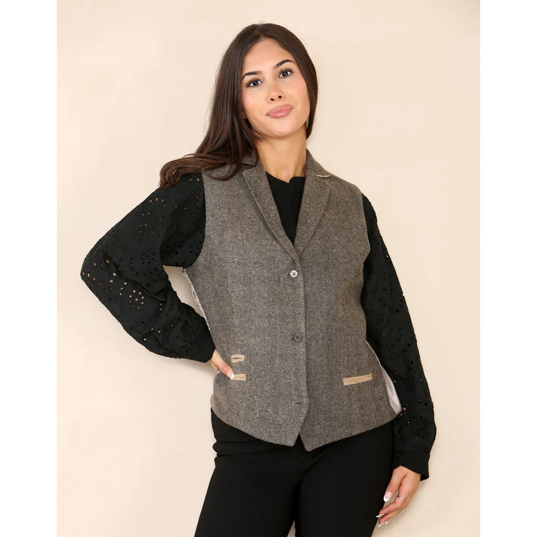 Gilet da donna in tweed a spina di pesce, marrone quercia classico